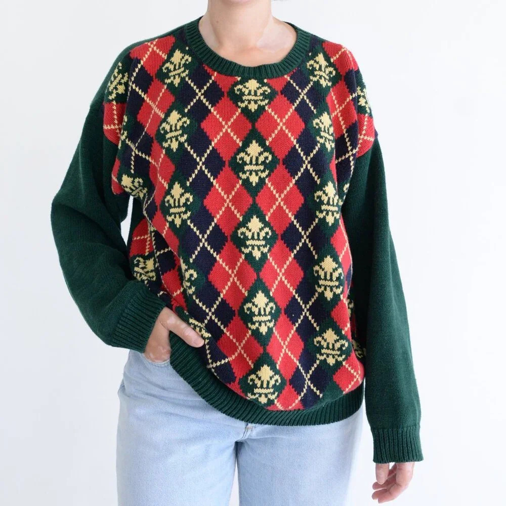 Vintage Talbots Red Green Fleur de  Lis Argyle Preppy Plaid Crewneck Sweater XL